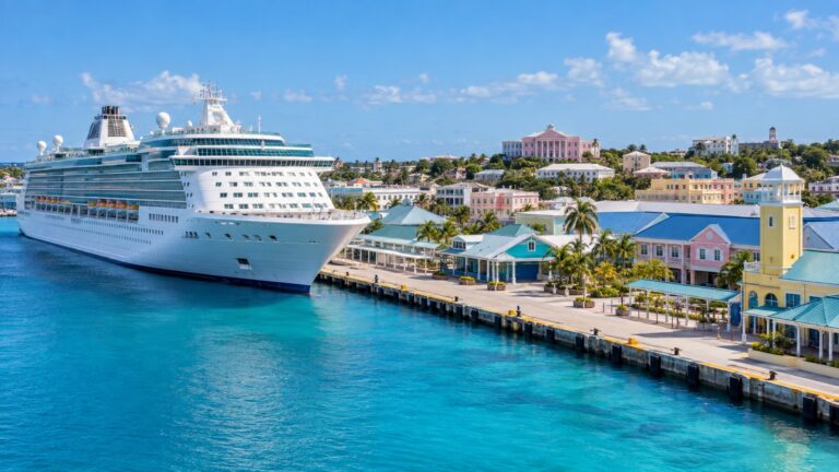 Cruise ship at Nassau Cruise Port beside the colorful waterfront of New Providence