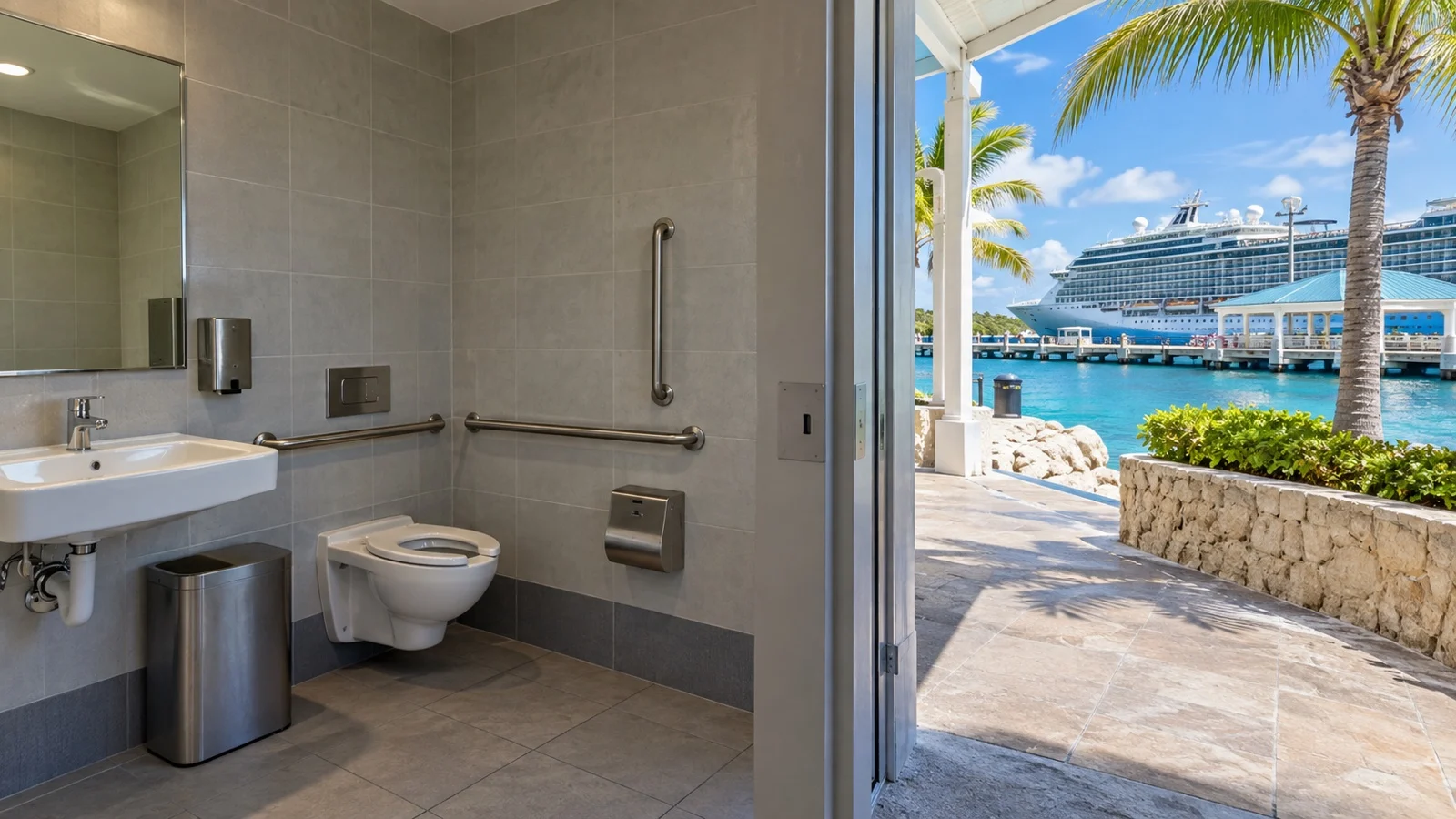 Empty accessible restroom near a modern Caribbean cruise port waterfront