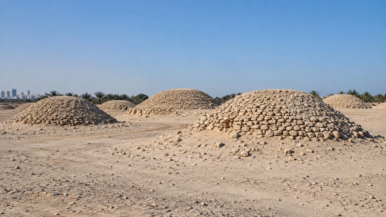 Dilmun burial mounds in Bahrain desert landscape