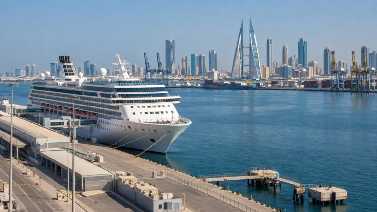Cruise ship docked at Hidd port serving Manama