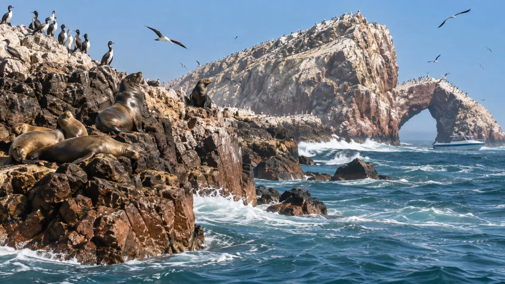 Sea lions and seabirds on the rocky Ballestas Islands near Paracas