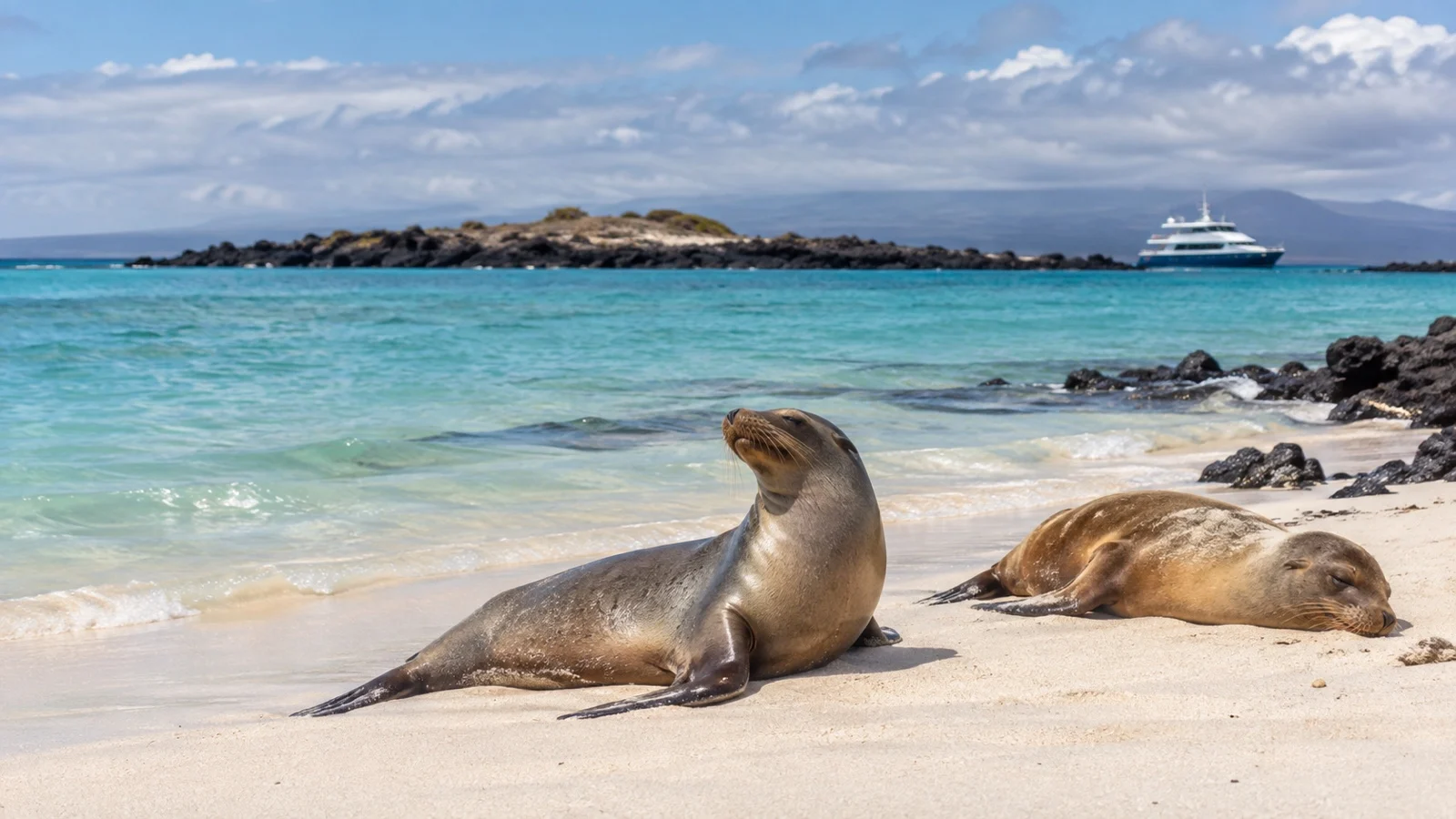 Mosquera Islet white sand and sea lions