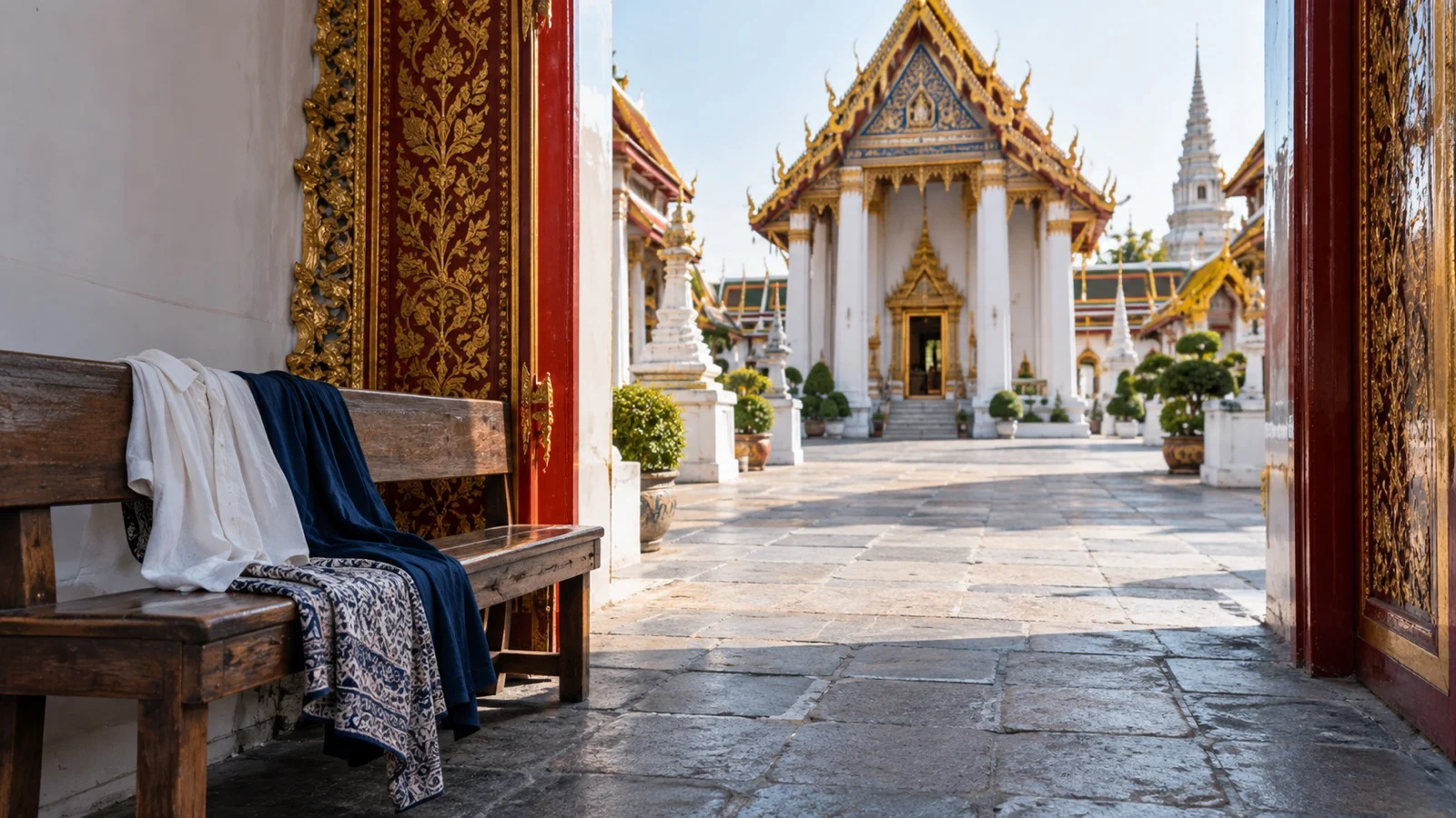 Empty Bangkok temple entrance with covered-shoulder clothing laid on bench