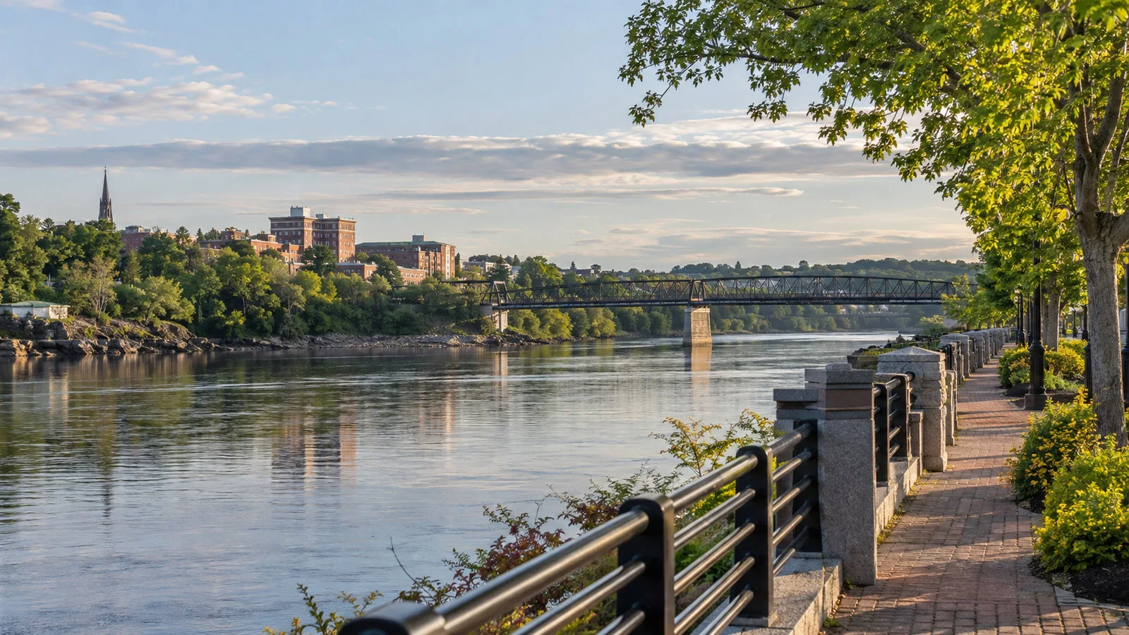 Bangor Maine waterfront promenade beside Penobscot River with trees and footbridge, no people