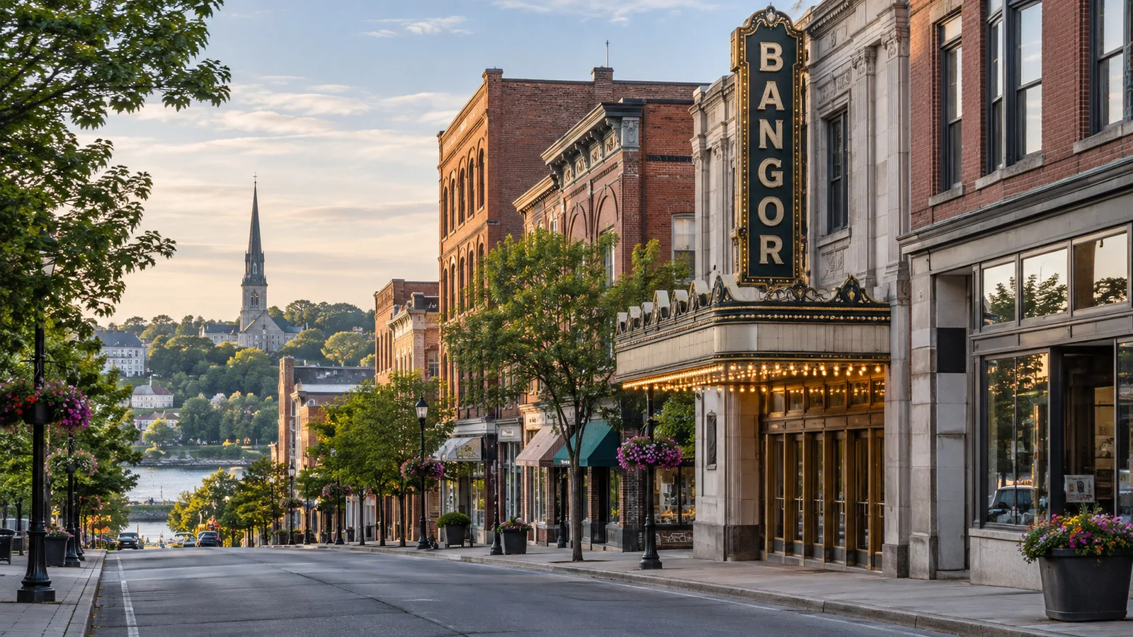 Downtown Bangor Maine historic brick storefront street and classic theater facade, no people