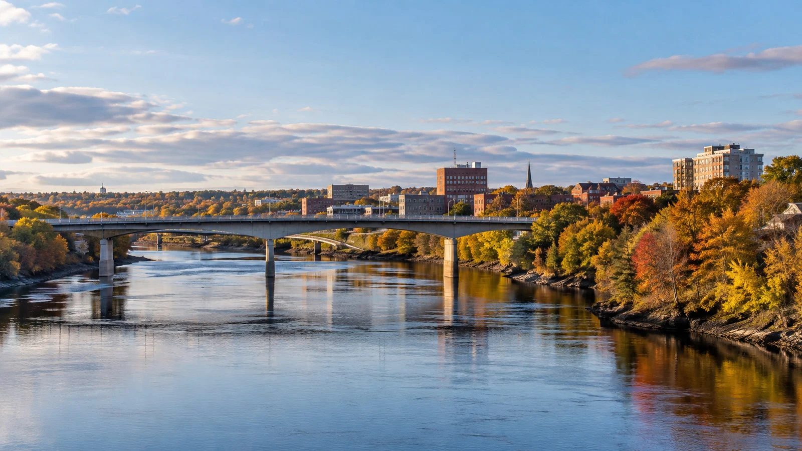 Penobscot River through Bangor Maine with city bridge and autumn trees, no people