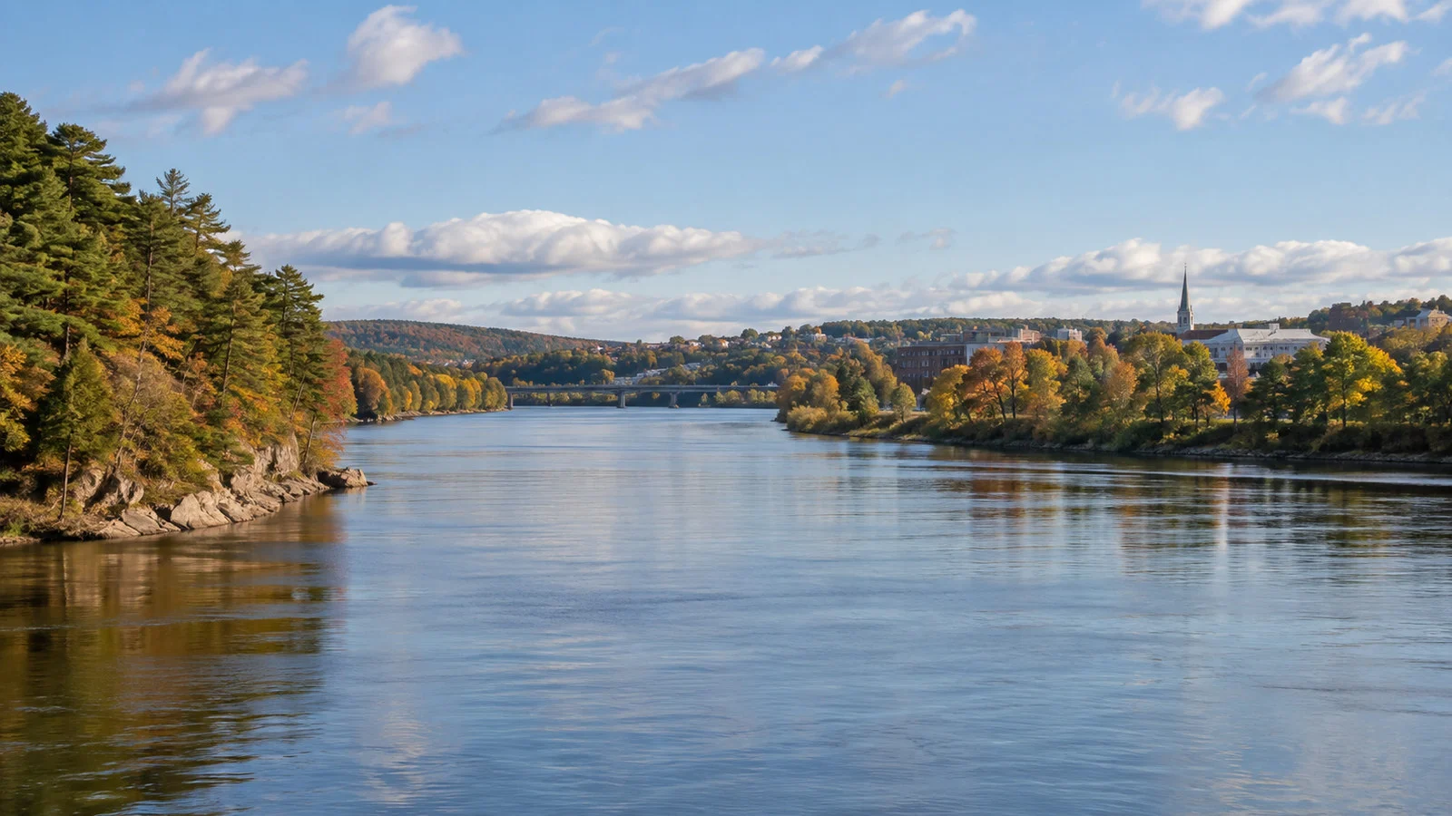 Quiet Penobscot River scenery near Bangor Maine with forested banks and distant small town, no people