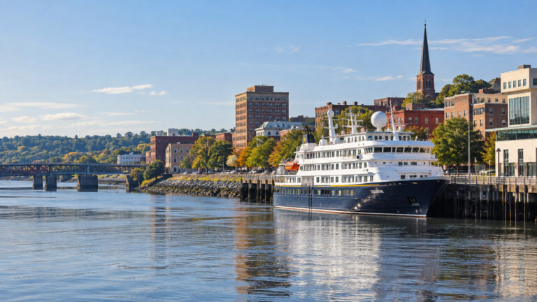 Small coastal cruise vessel at Bangor Maine Penobscot River landing with city waterfront, no people