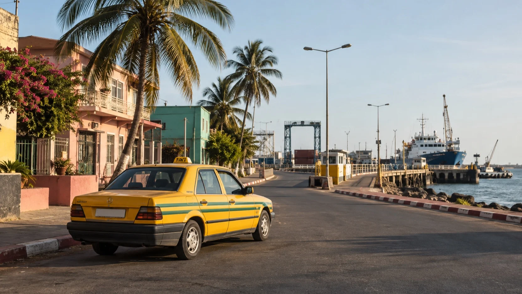 Empty taxi on a palm-lined road near Banjul port