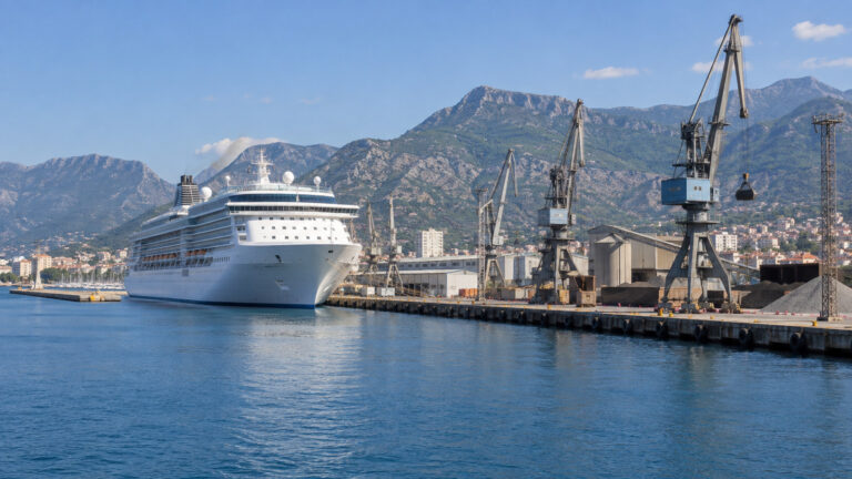a sea cruise ship docked at the working Port of Bar Montenegro with cranes and mountain backdrop