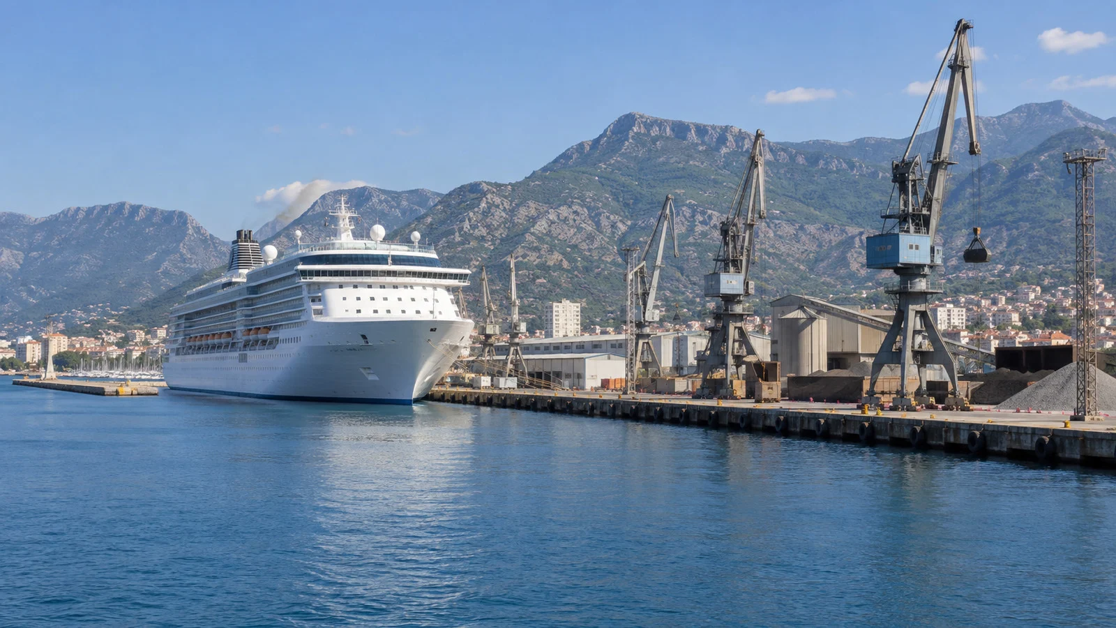 a sea cruise ship docked at the working Port of Bar Montenegro with cranes and mountain backdrop
