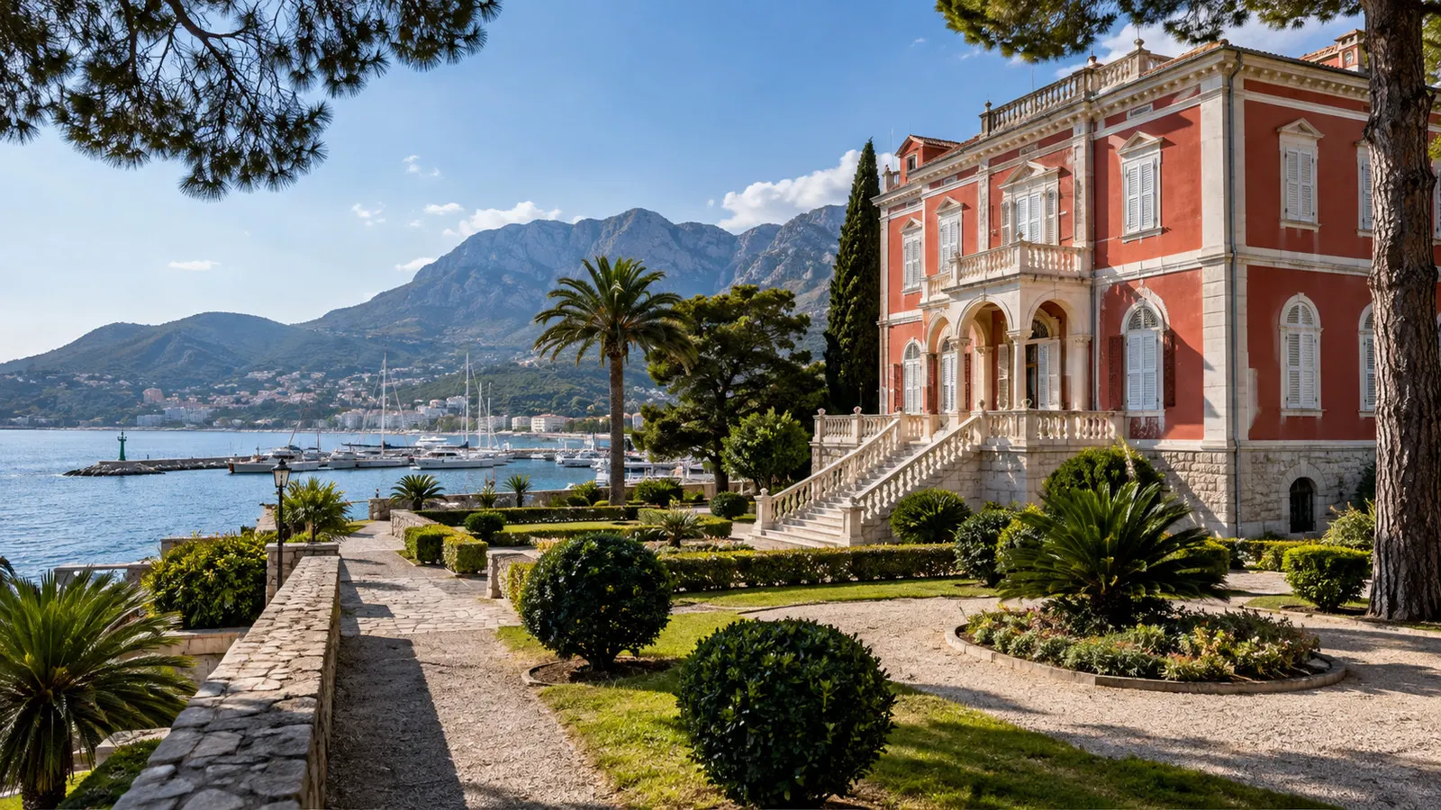 King Nikola's Palace near the Bar Montenegro waterfront with a garden and empty paths