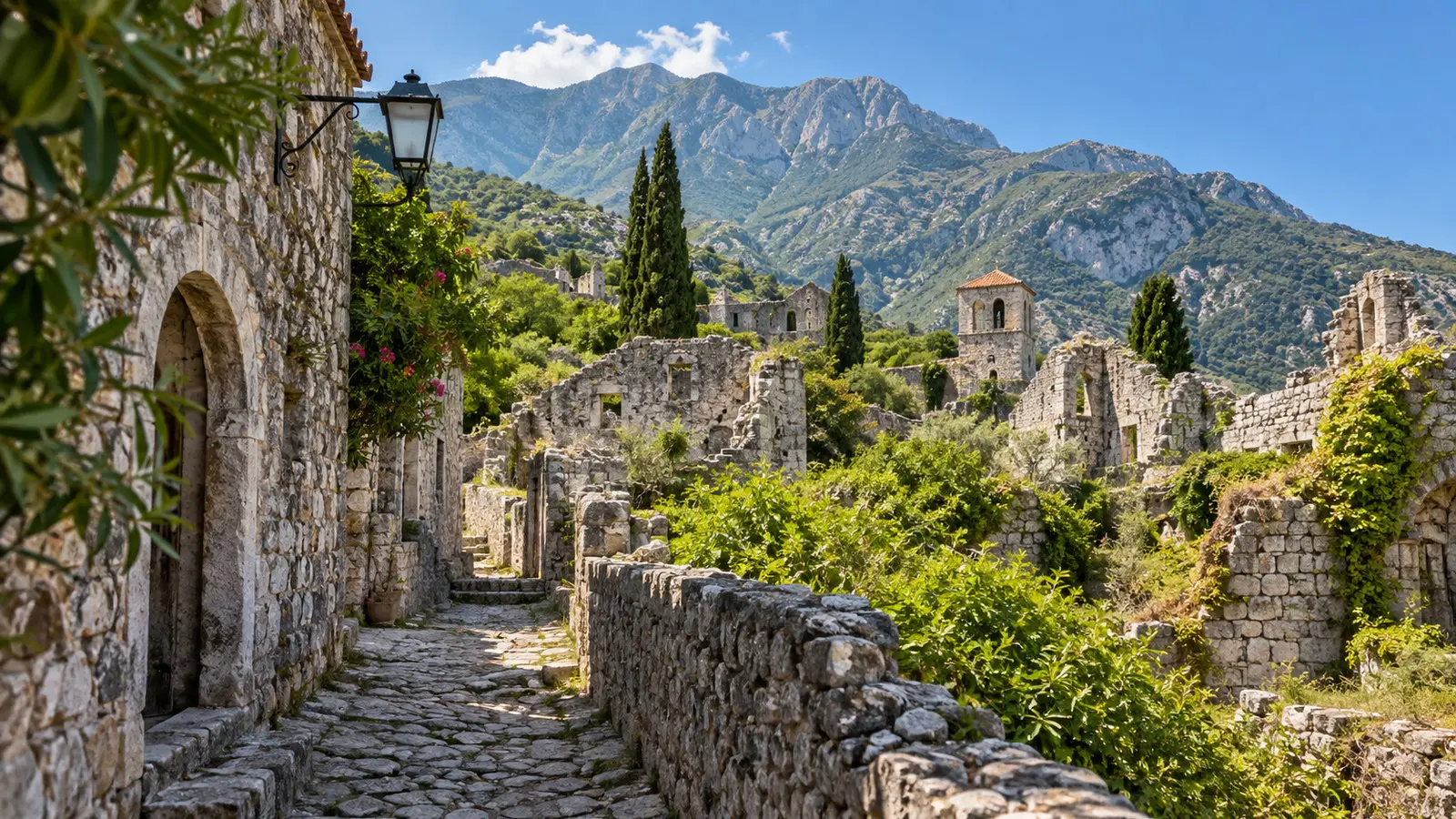 the stone ruins and narrow lanes of Stari Bar old town beneath Mount Rumija, no people
