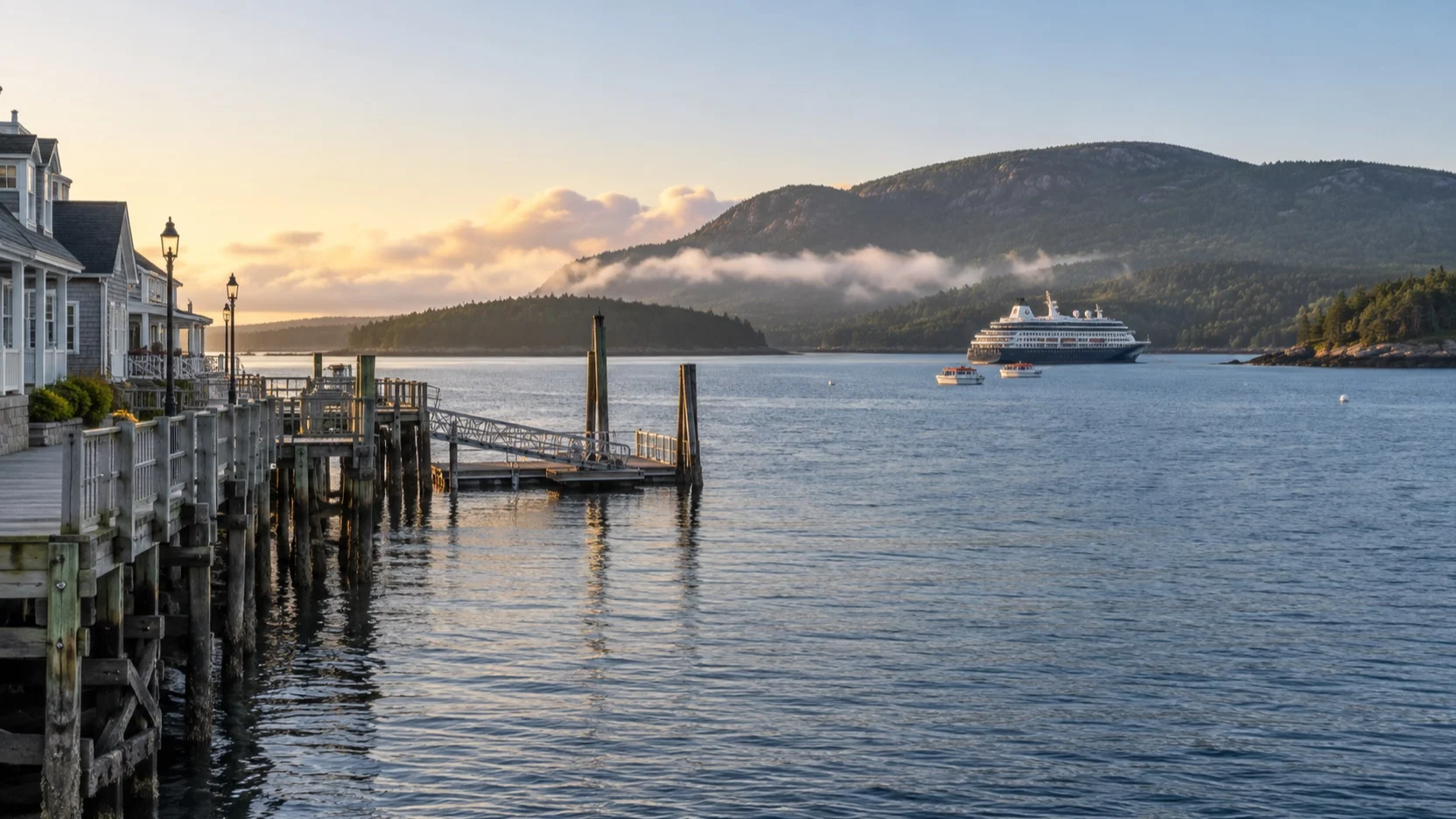 Bar Harbor waterfront with cruise tender and Acadia hills