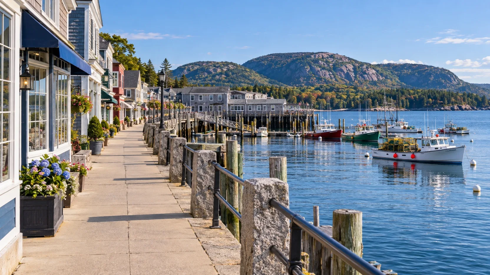 Empty Bar Harbor waterfront sidewalk with harbor boats and Acadia hills