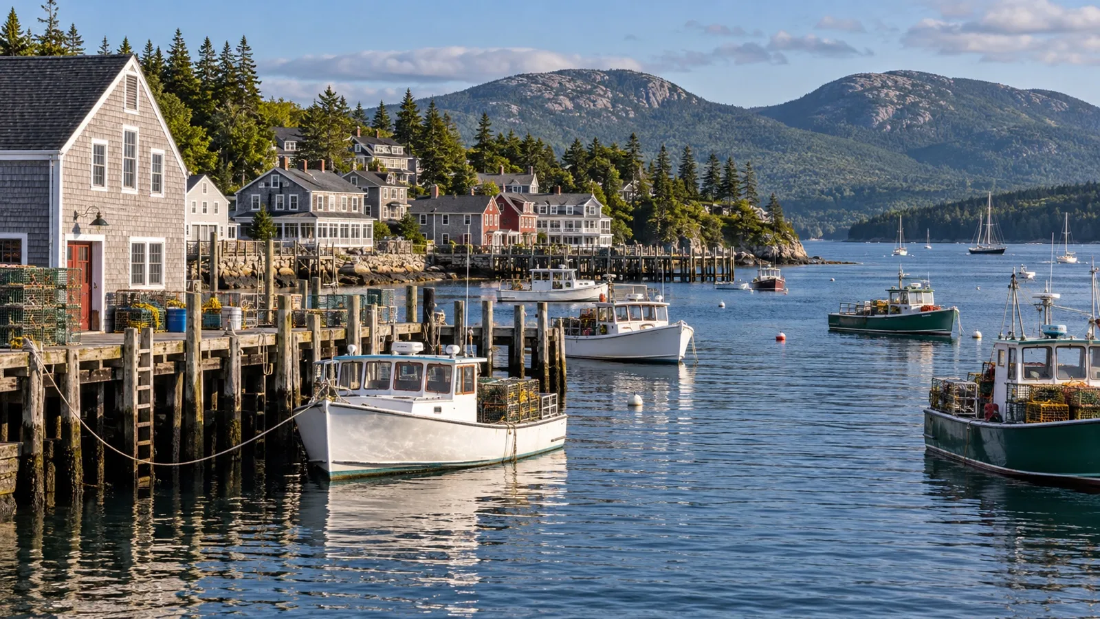 Lobster boats along the Bar Harbor waterfront with Mount Desert Island hills beyond