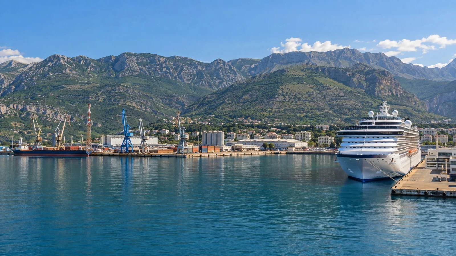 Cruise ship at the working port of Bar beside cargo cranes and coastal mountains