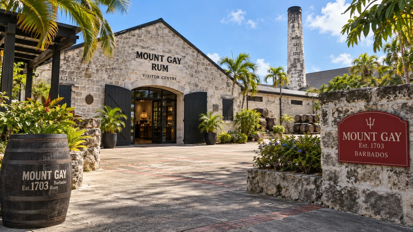Stone building and courtyard at the Mount Gay Rum Visitor Centre in Barbados