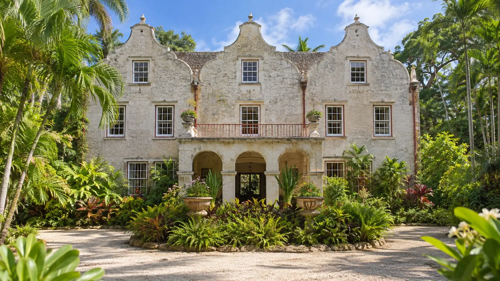 Historic St. Nicholas Abbey plantation house surrounded by tropical gardens in Barbados