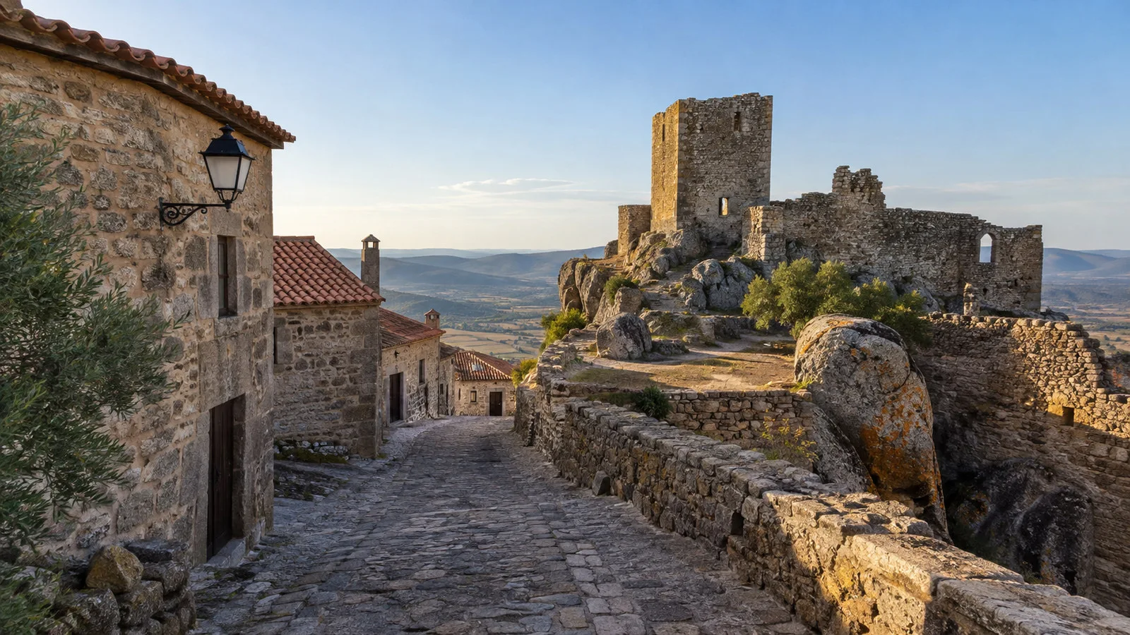 Stone streets and medieval castle ruins at Castelo Rodrigo village