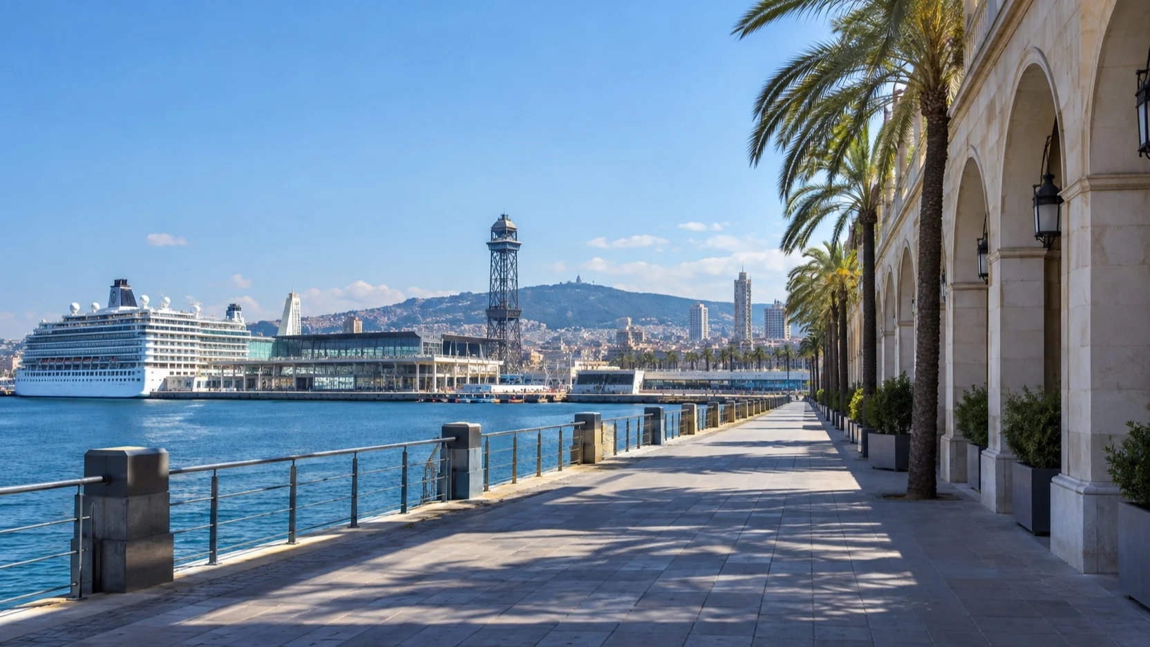 Barcelona cruise waterfront and shaded arcades in strong summer sun