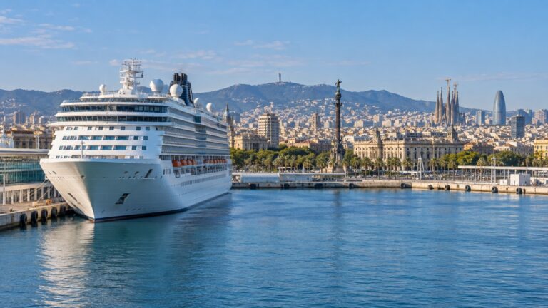 Cruise ship docked at Barcelona on a western Mediterranean itinerary.