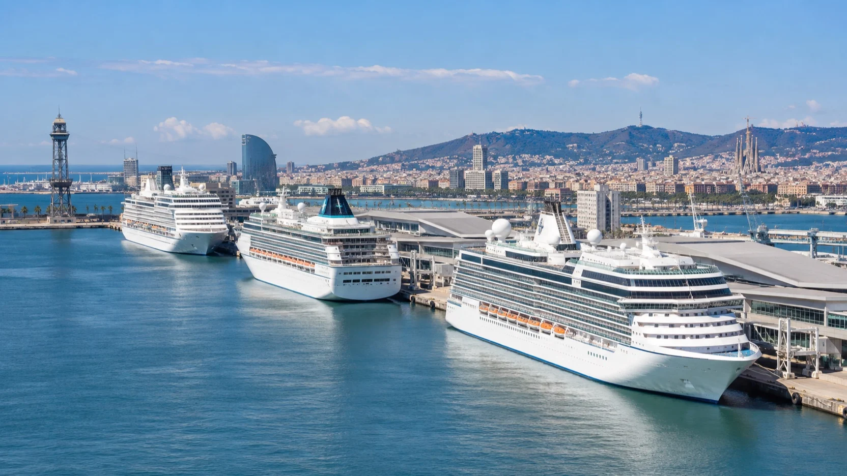 Barcelona cruise terminal piers and ships at Port de Barcelona