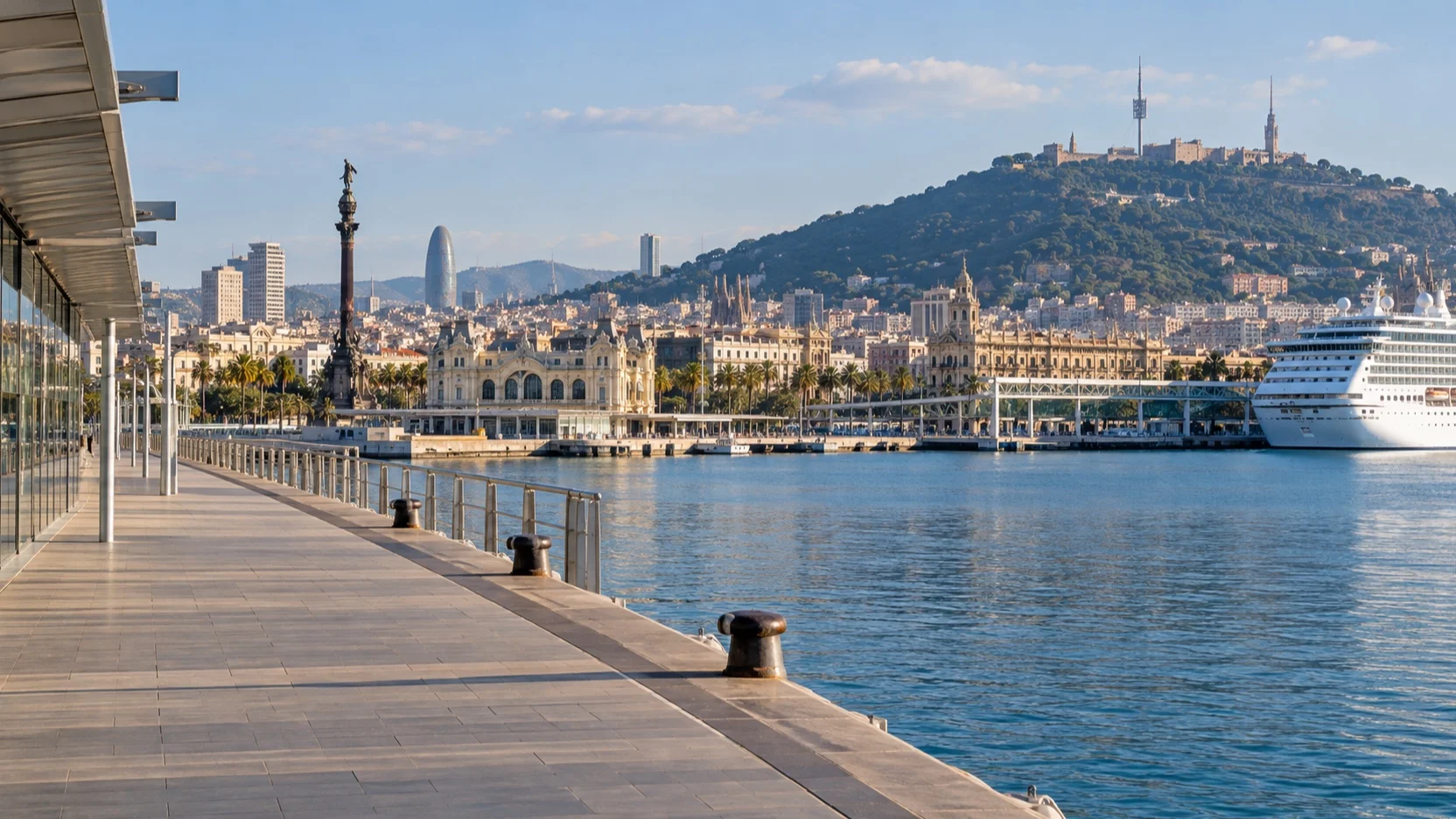Empty Barcelona cruise waterfront with the city beyond