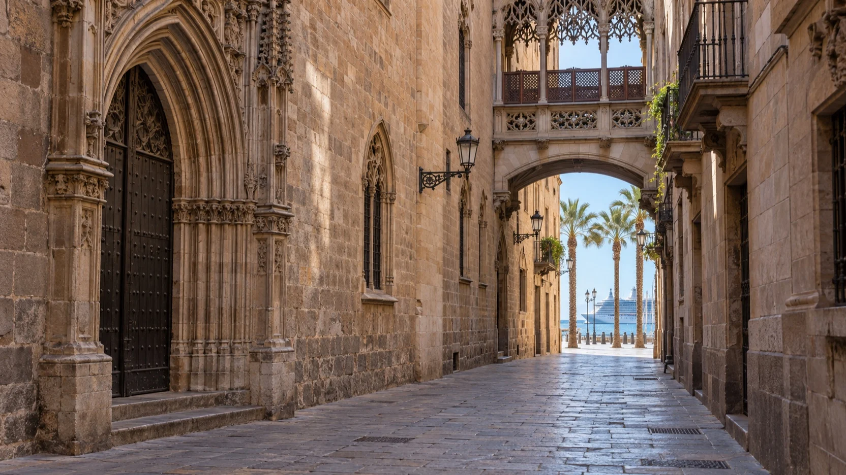 Empty Gothic Quarter stone street opening toward Barcelona's waterfront