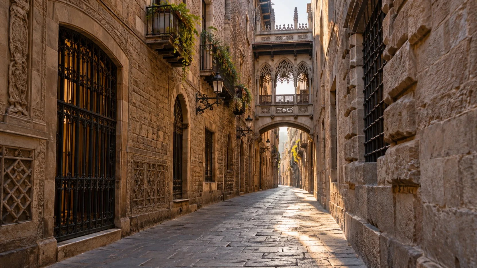 Quiet Gothic Quarter street with stone buildings in central Barcelona