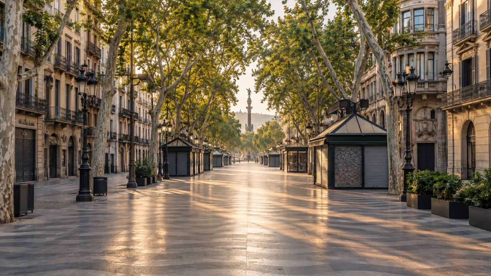 Empty tree-lined La Rambla in Barcelona early in the day