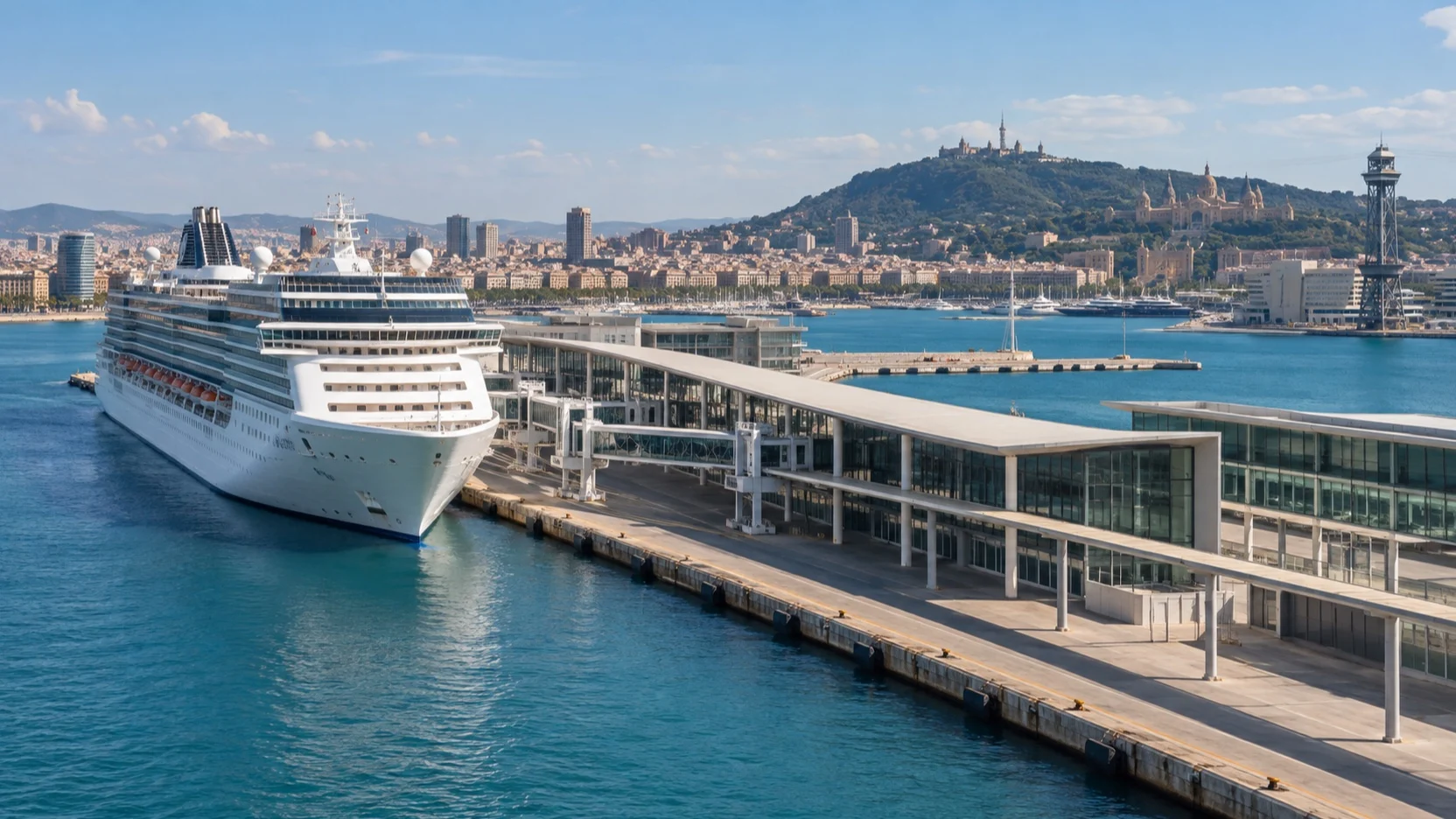Cruise ship beside Barcelona’s Moll Adossat terminal with Montjuïc beyond