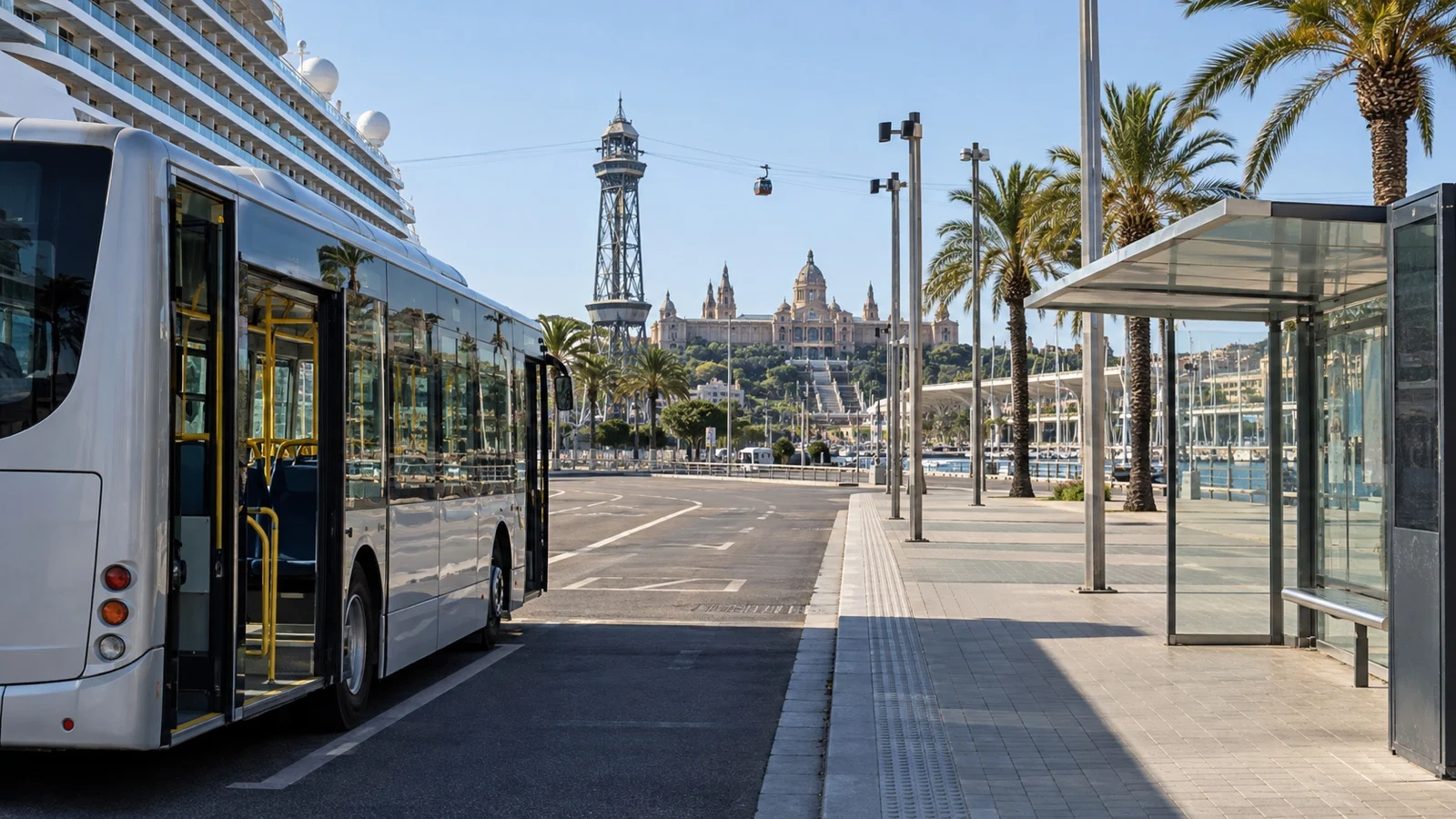 Empty Barcelona port shuttle bus with city transit stop beyond