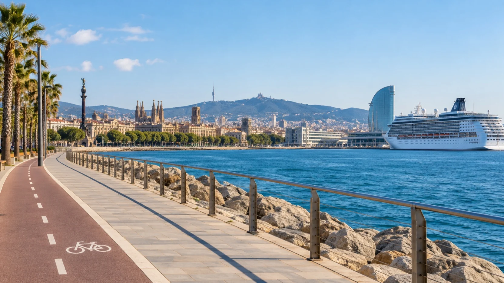Barcelona seafront cycle path with a cruise ship and city skyline