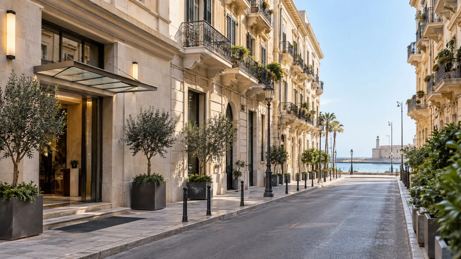 Quiet street in Bari's Murat district with practical hotels and pale limestone architecture