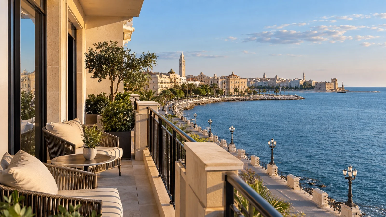 Elegant Bari seafront hotel overlooking the Adriatic promenade and historic city