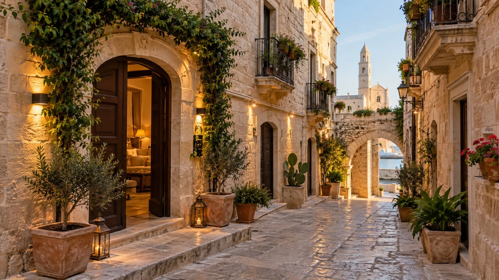 Bari Vecchia old town lanes with boutique hotel facades, limestone buildings and warm light