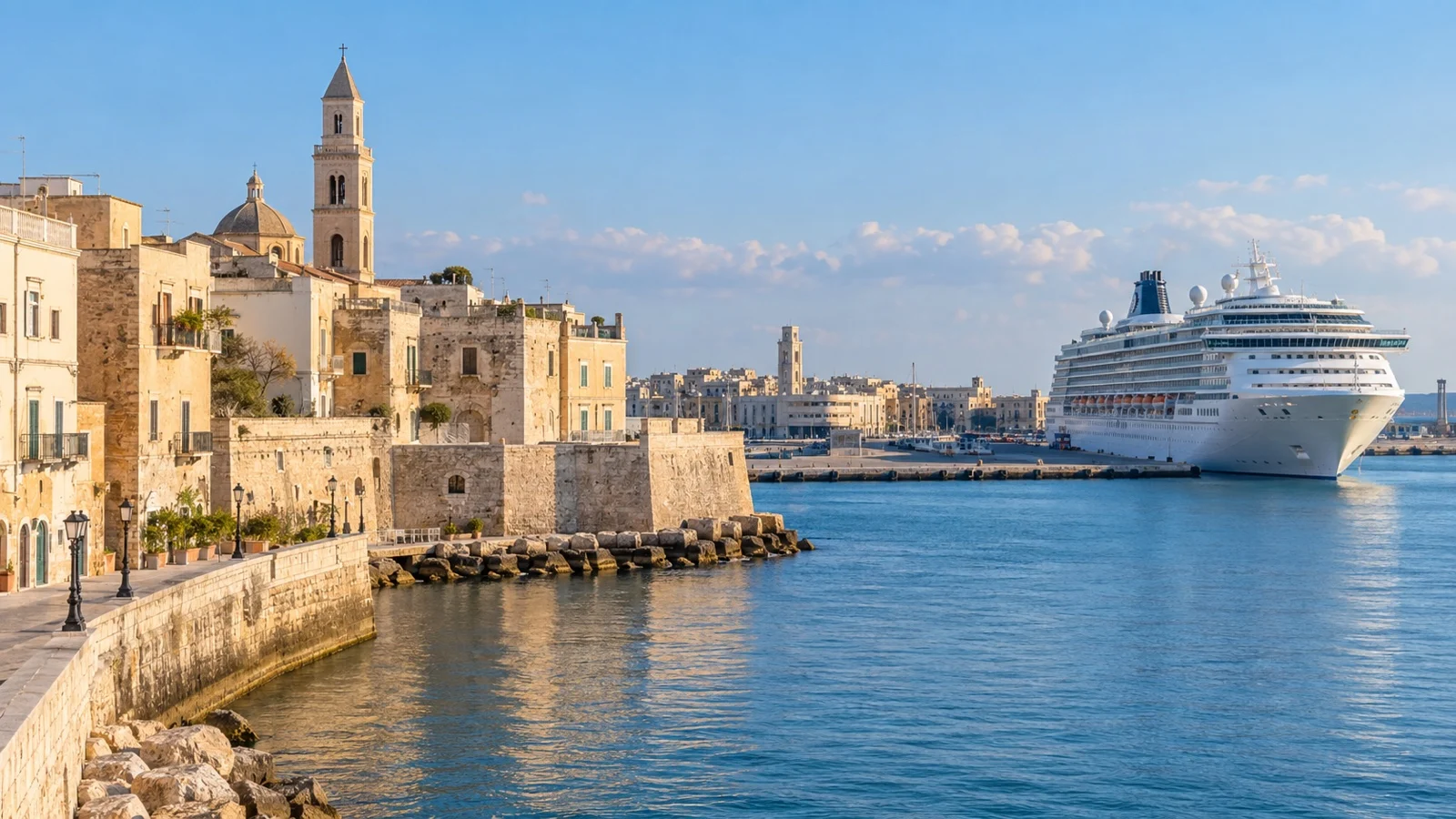 Bari cruise port with a white cruise ship docked near Bari Vecchia and the Adriatic waterfront