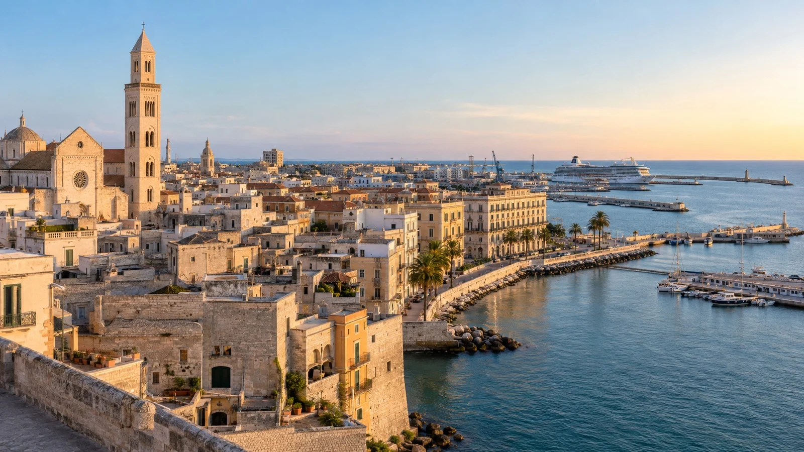 Panoramic Bari old town and Adriatic waterfront with harbor hotels and cruise port in the distance