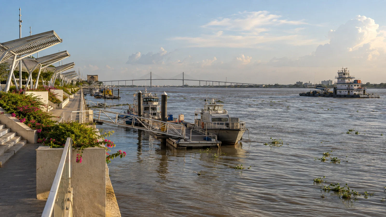 Boats on the Magdalena beside Barranquilla's Gran Malecón