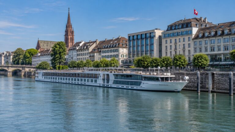 Basel Rhine river cruise quay and city hotels