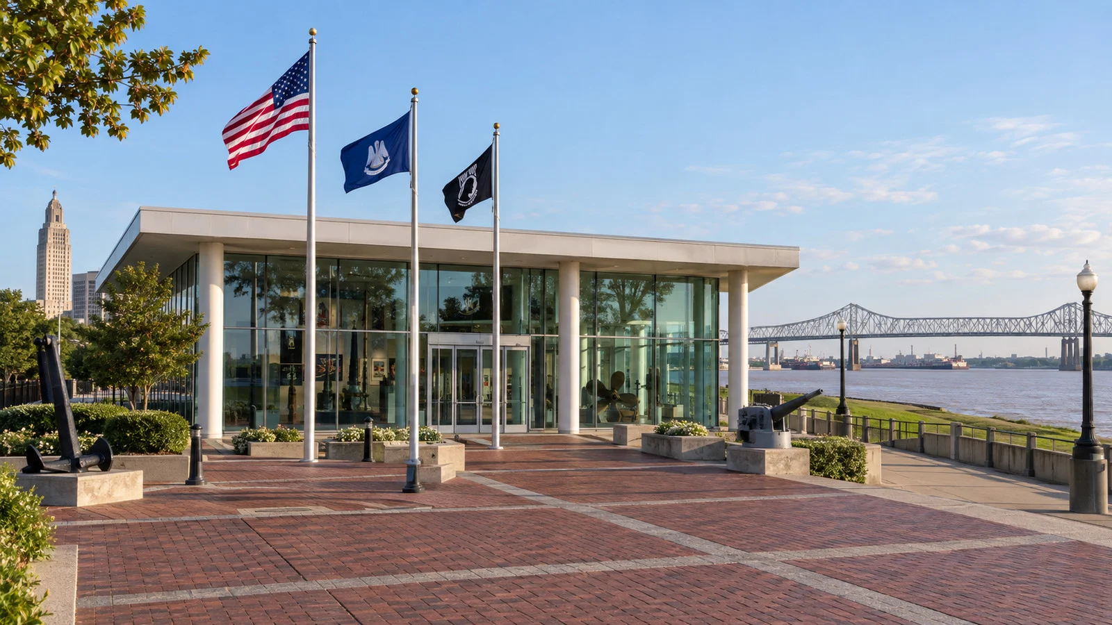 Glass-fronted USS Kidd Veterans Museum shore pavilion in Baton Rouge