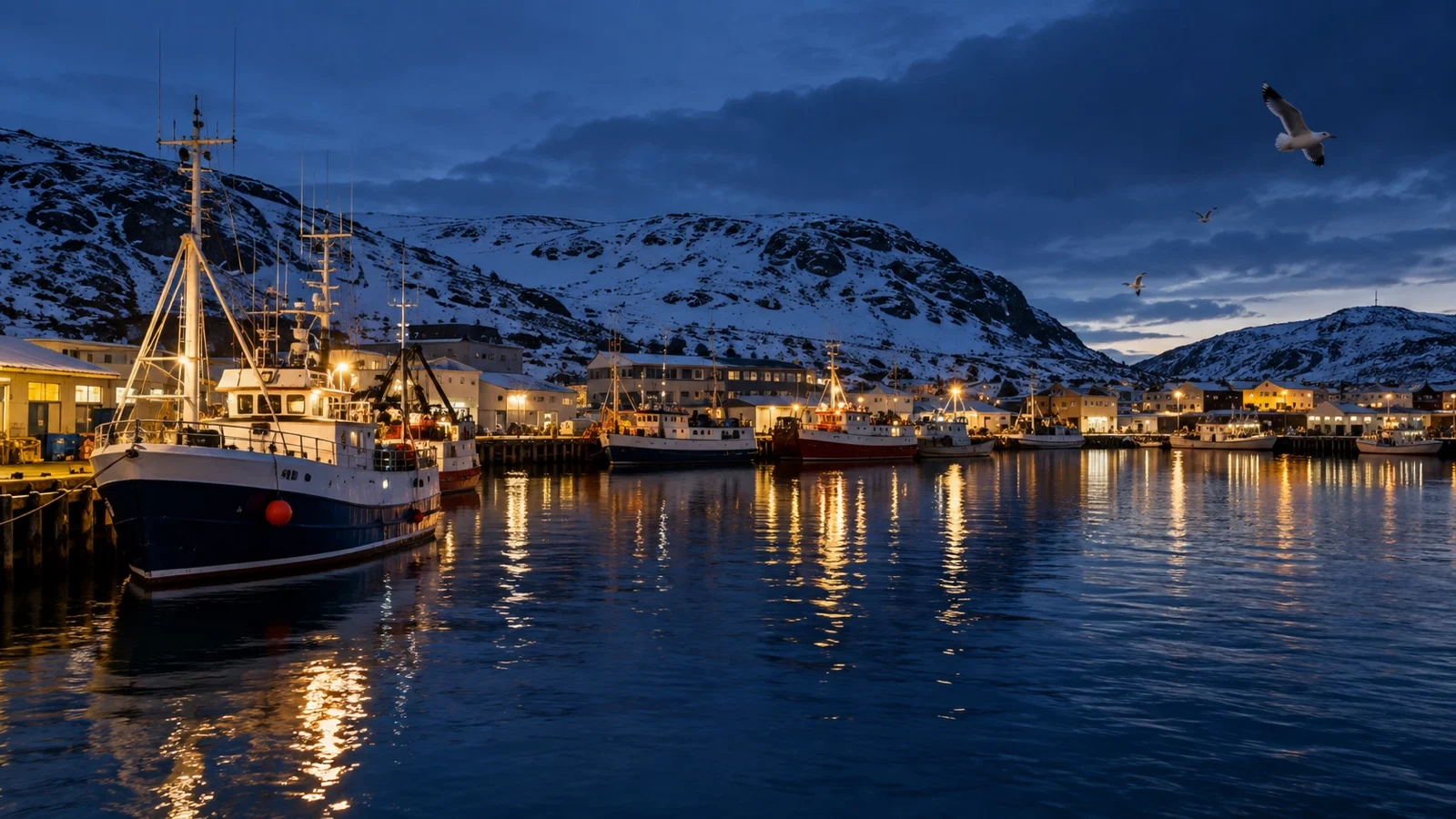 Båtsfjord fishing harbor at night
