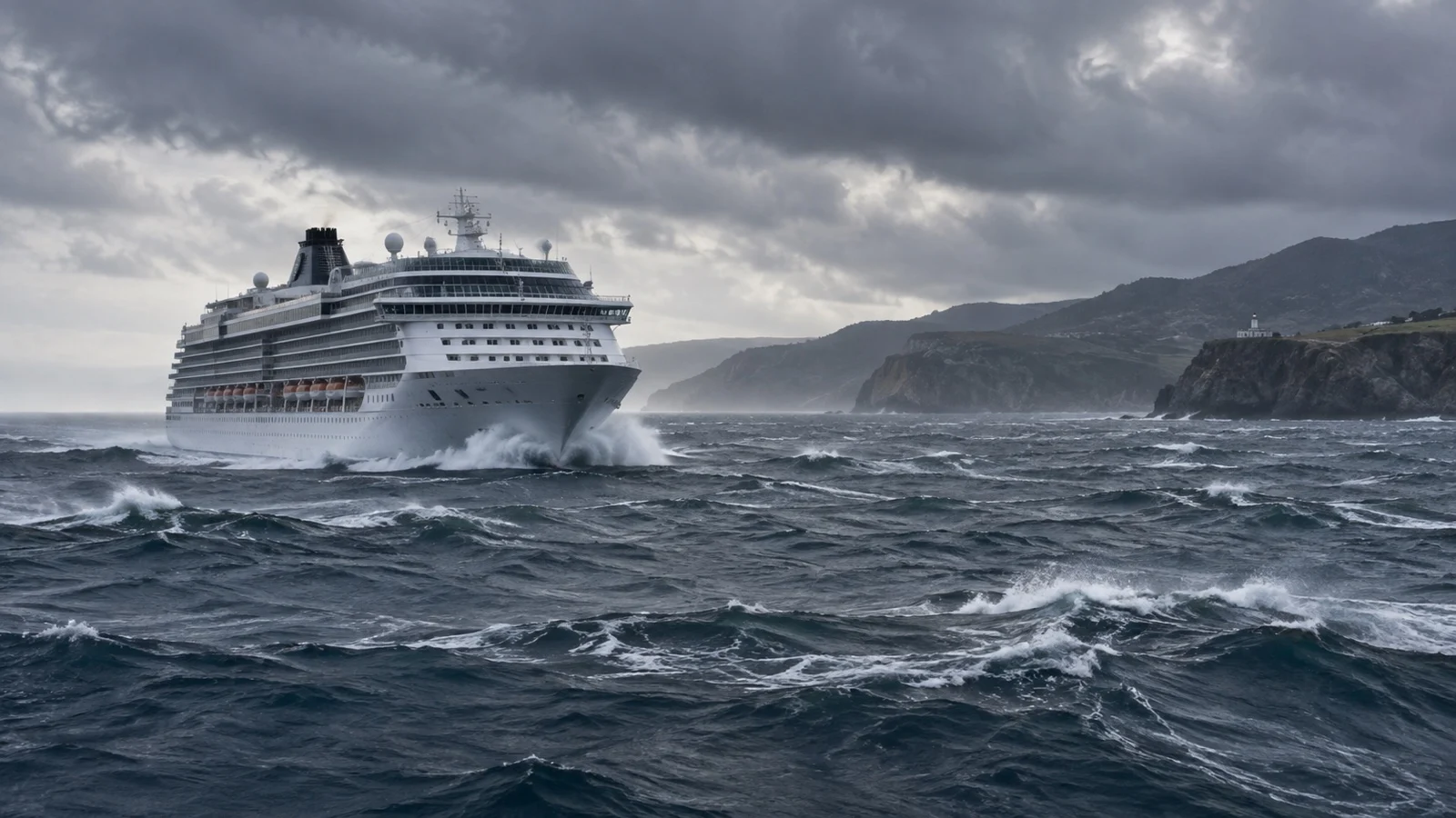 Cruise ship crossing choppy gray Bay of Biscay under heavy clouds