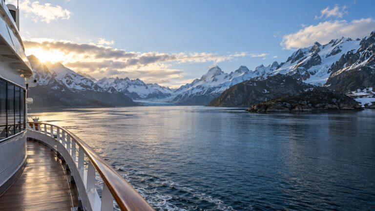 View from cruise ship sailing through Beagle Channel between snow-capped mountains