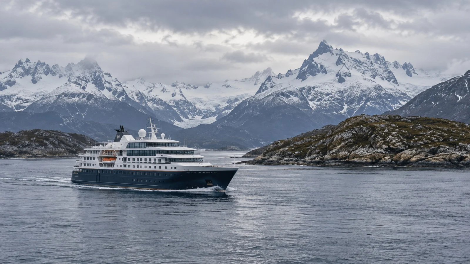 Expedition ship in the Beagle Channel beneath snowy peaks