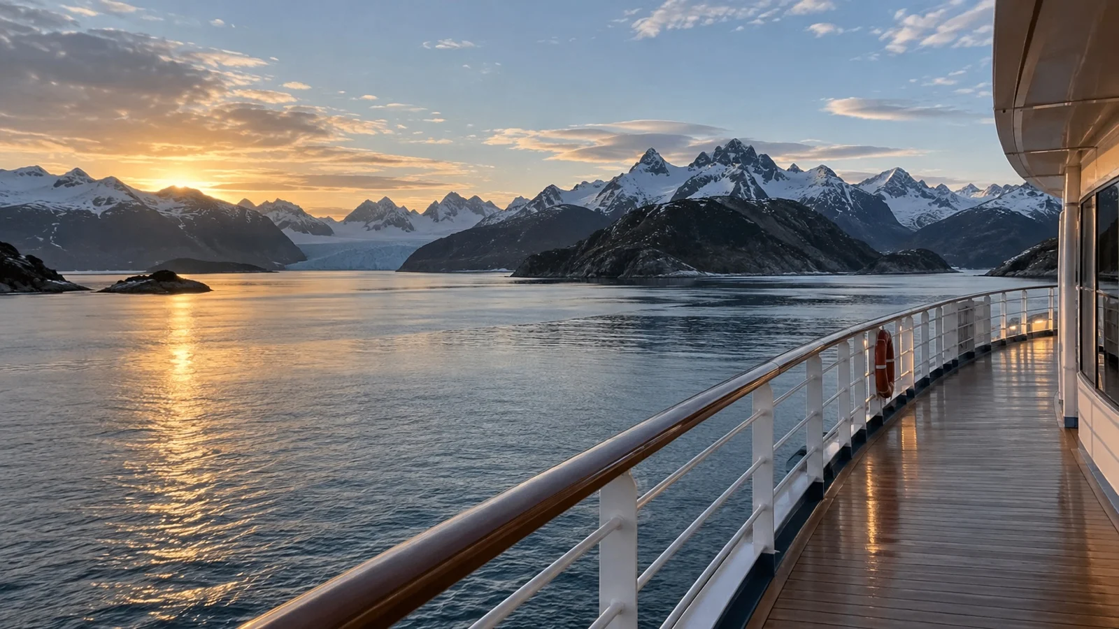 Beagle Channel fjord at early morning light seen from empty cruise deck