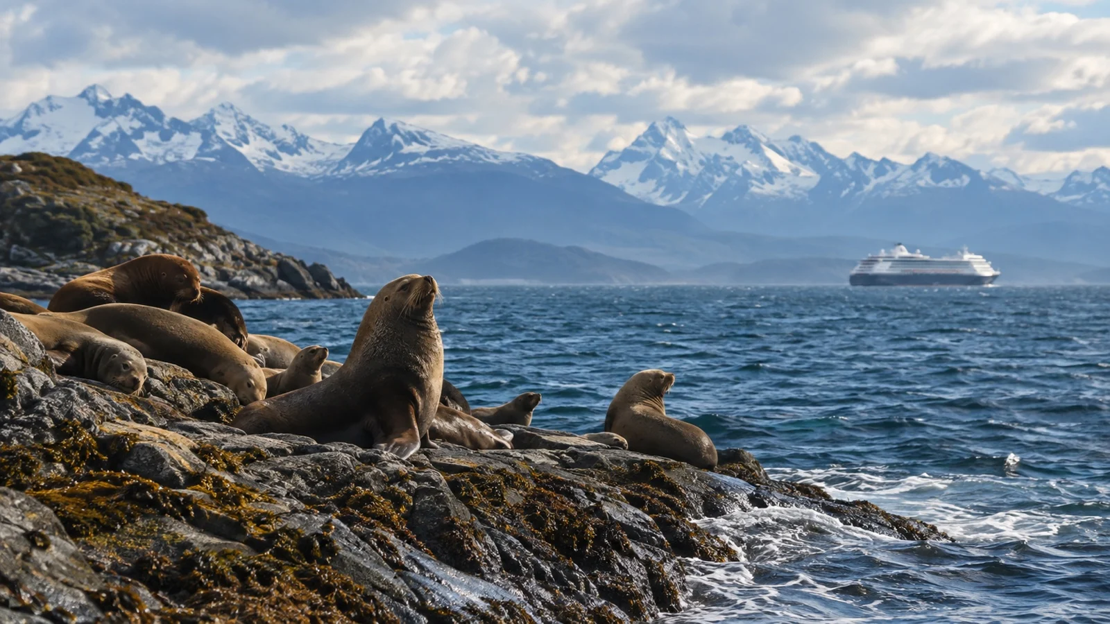 Wild sea lions on rocky Beagle Channel shore with cruise ship distant