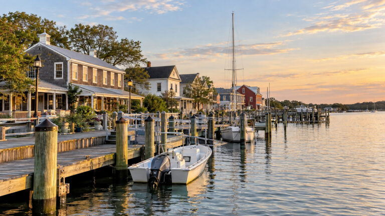 Beaufort North Carolina waterfront landing with wooden docks, small boats and historic town facades, no people