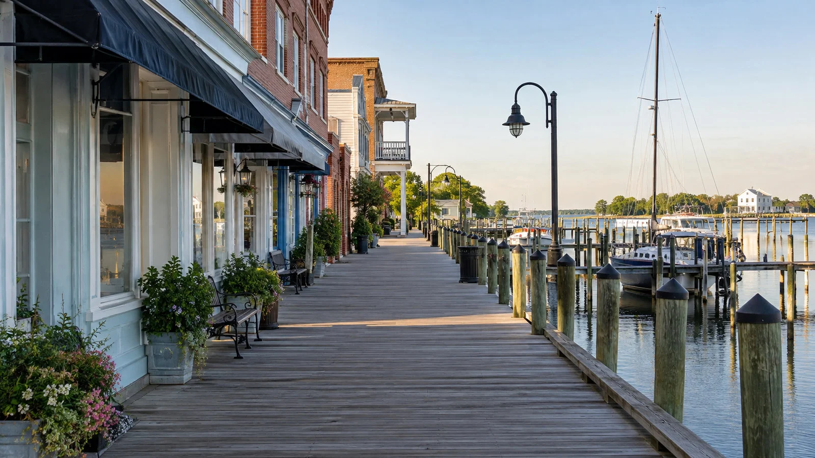 Front Street Beaufort North Carolina historic storefronts and waterfront boardwalk on quiet morning, no people